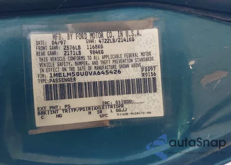 1997 Mercury Sable Gs из США, поврежденный, VIN 1MELM50U0VA645426